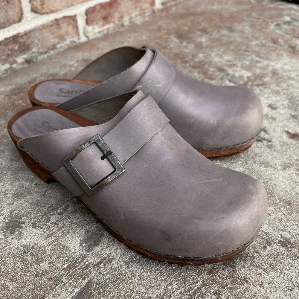 Sanita Gray Suede Buckle Clog Mule - Picture 2 of 13